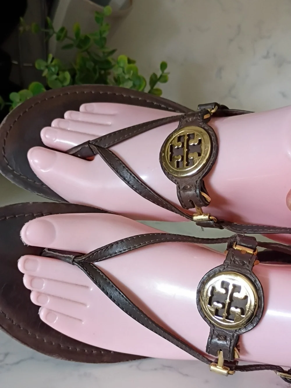 Tory Burch Brown Leather Sandals with Gold Logo Medallions